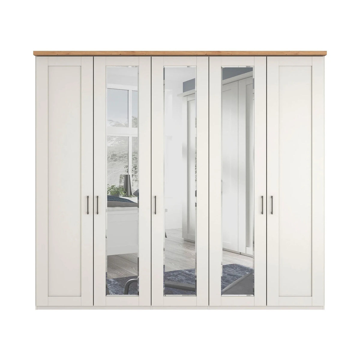  Wiemann Truro Shaker style five door hinged wardrobe in White colour Finish with Bianco Oak Cornice and Mirror on Middle three doors