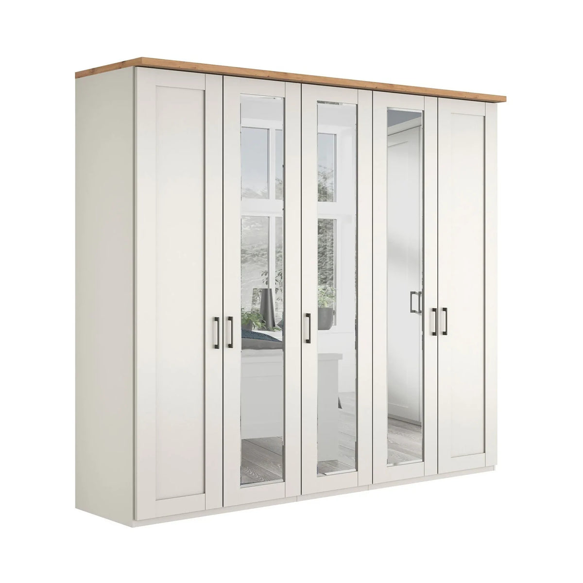 Wiemann Truro five Door hinged wardrobe with White Colour With three mirror doors in the Middle and Oak Cornice