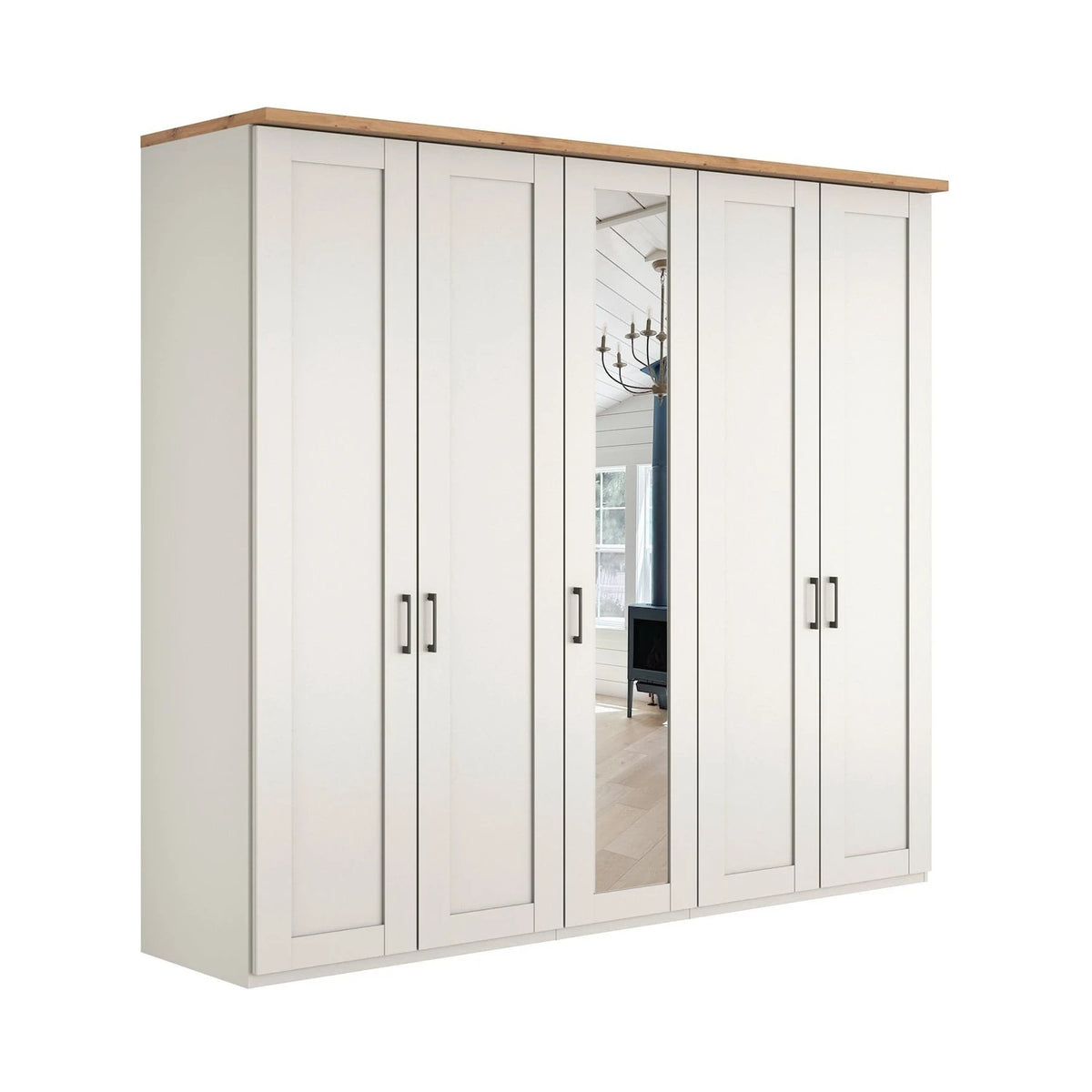 Wiemann Truro five Door hinged wardrobe with White Colour With one mirror door in the Middle and Oak Cornice