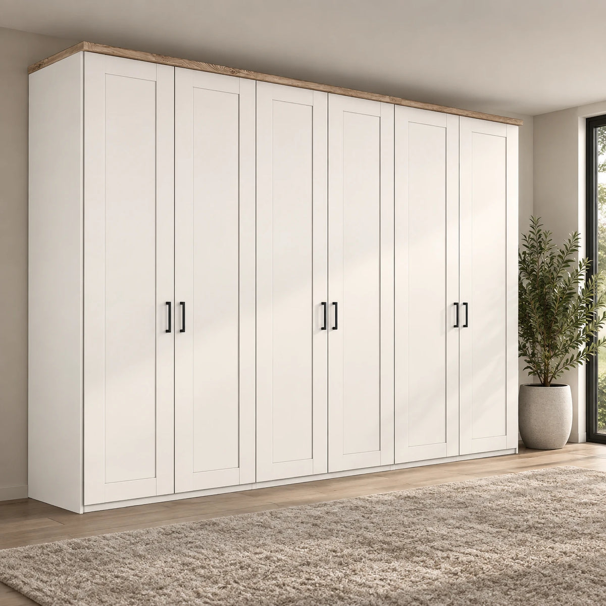 Wiemann Truro Large 6 Door Hinged Wardrobe in White colour with Oak Cornice Width 300cm Height 220cm