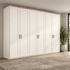 Wiemann Truro Large 6 Door Hinged Wardrobe in White colour with Oak Cornice Width 300cm Height 220cm