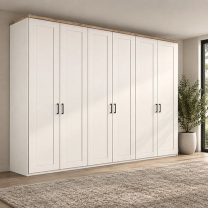 Wiemann Truro Large 6 Door Hinged Wardrobe in White colour with Oak Cornice Width 300cm Height 220cm
