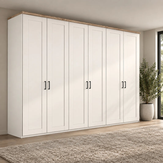 Wiemann Truro Large 6 Door Hinged Wardrobe in White colour with Oak Cornice Width 300cm Height 220cm