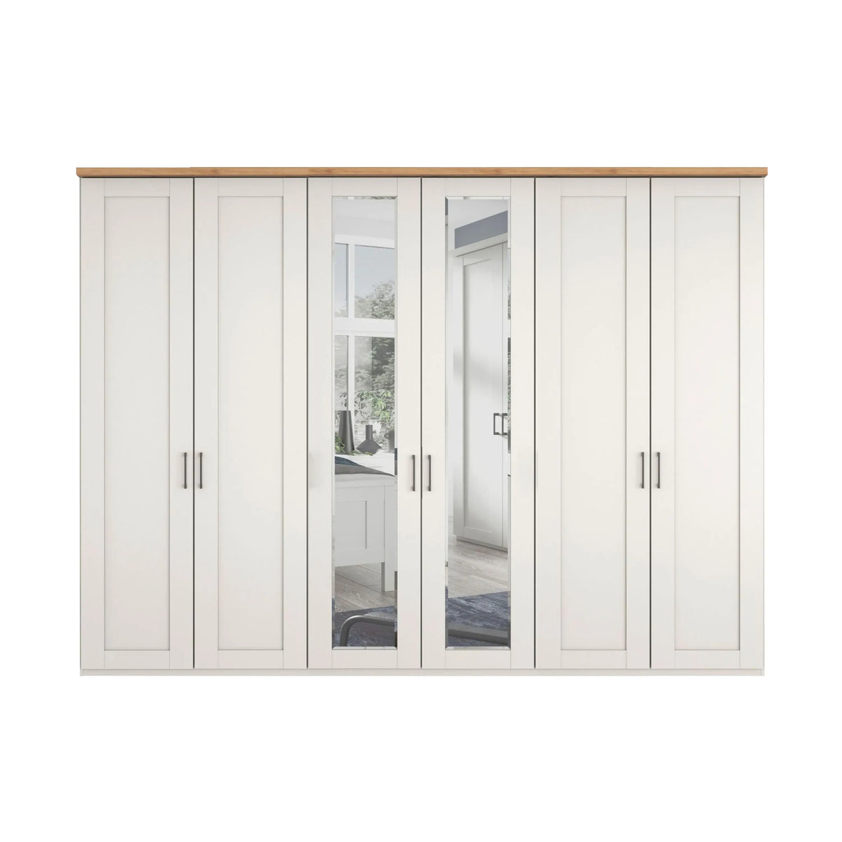 Wiemann Truro Large 6 Door Hinged Wardrobe in White colour with Middle Mirror Door and Oak Cornice Width 300cm Height 220cm