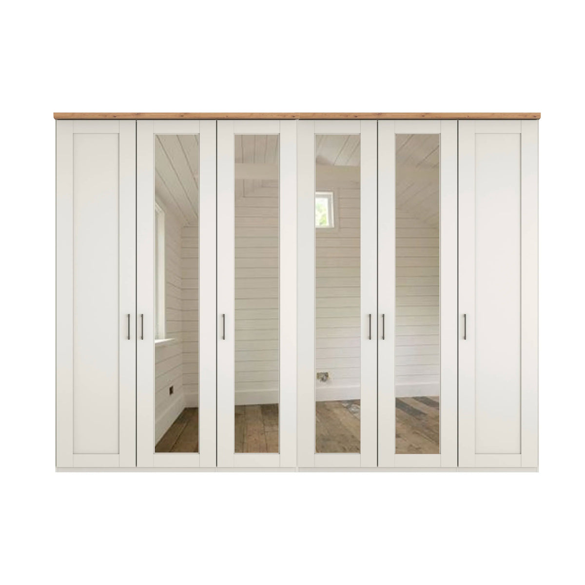 A six-door Wiemann Truro wardrobe with six white paneled doors, two of which feature mirrored glass panels showing an interior room, topped with a light natural wood apron. The wardrobe is shown against a plain white background.