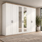 Wiemann Truro Large 6 Door Hinged Wardrobe in White colour with Oak Cornice and Mirrors on Middle two doors Width 300cm Height 220cm