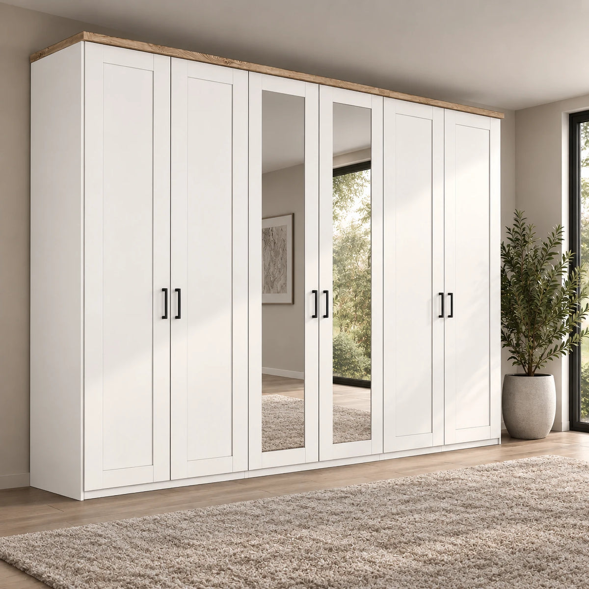 Wiemann Truro Large 6 Door Hinged Wardrobe in White colour with Oak Cornice and Mirrors on Middle two doors Width 300cm Height 220cm