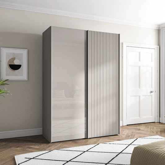 Tulsa Pebble Grey Glass & Slatted Sliding Wardrobe