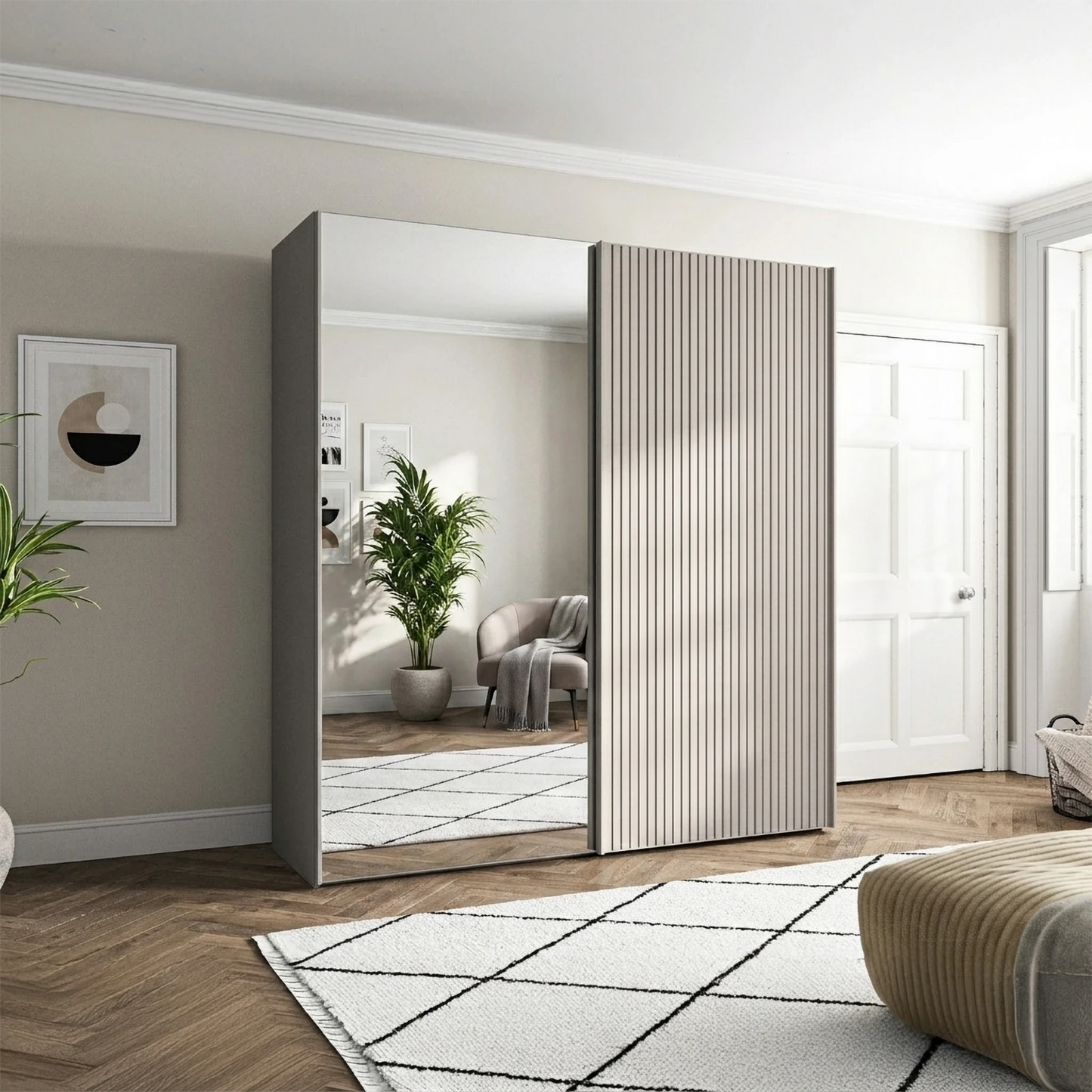 Wiemann Tulsa Pebble Grey Sliding Door Wardrobe With Mirror and decking on the door