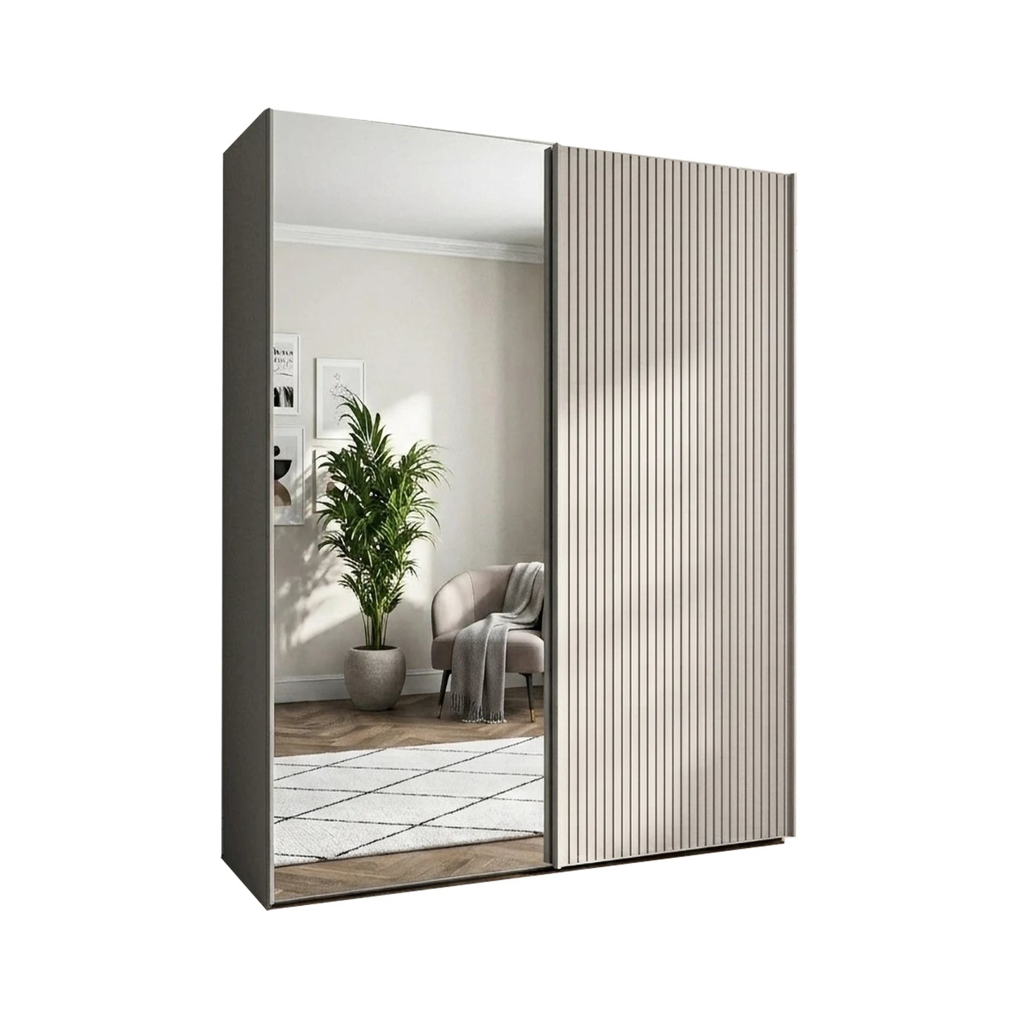 Wiemann Tulsa 200cm Pebble Grey 2 Door Siding wardrobe with Mirror and  Decking front