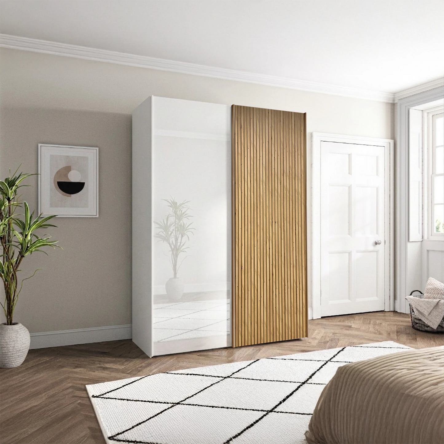 Wiemann Tulsa Small White Glass Sliding Wardrobe with Decking in Bianco Oak 