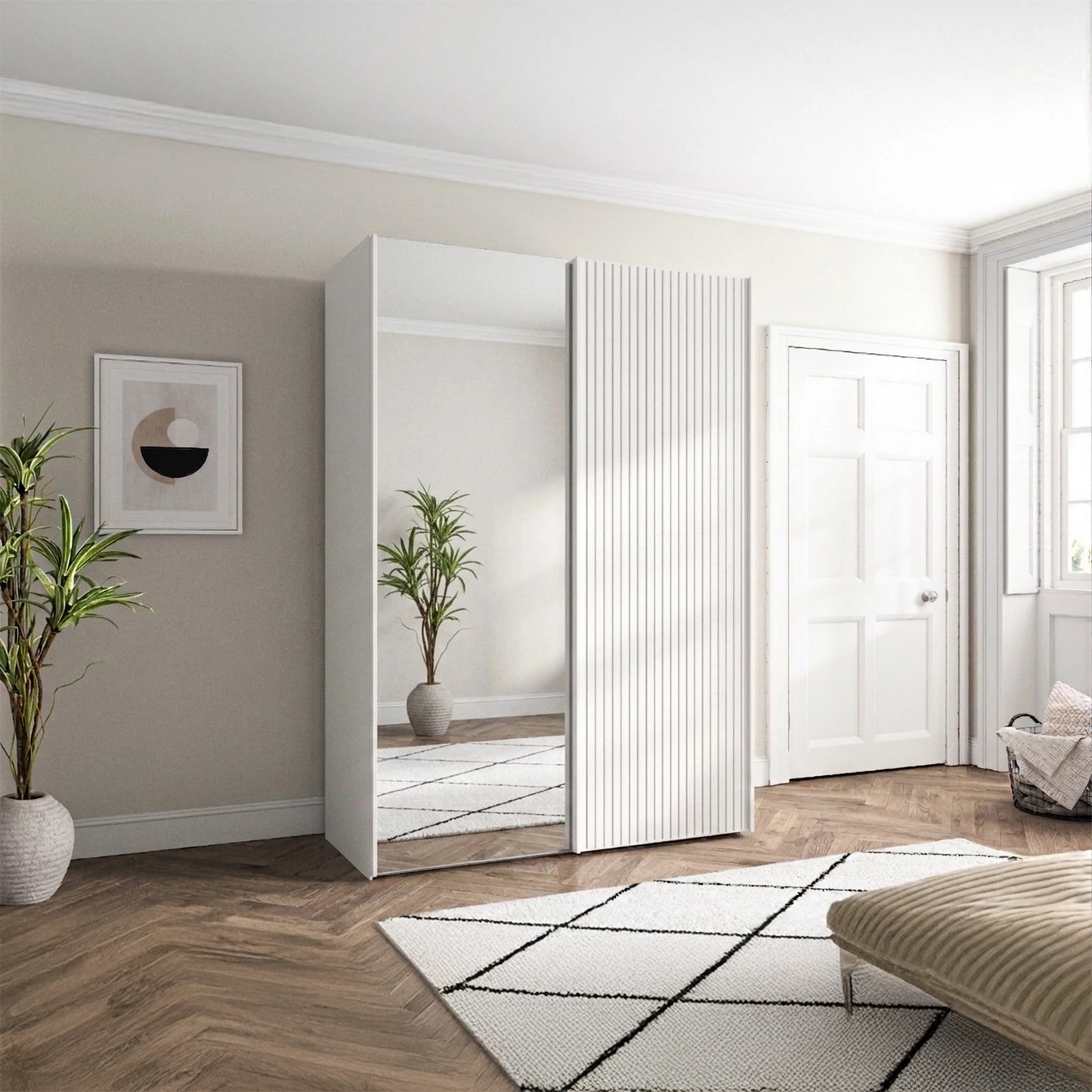 Wiemann Tulsa White 2 Door Sliding Wardrobe with Decking and Mirror Doors - Width 150cm