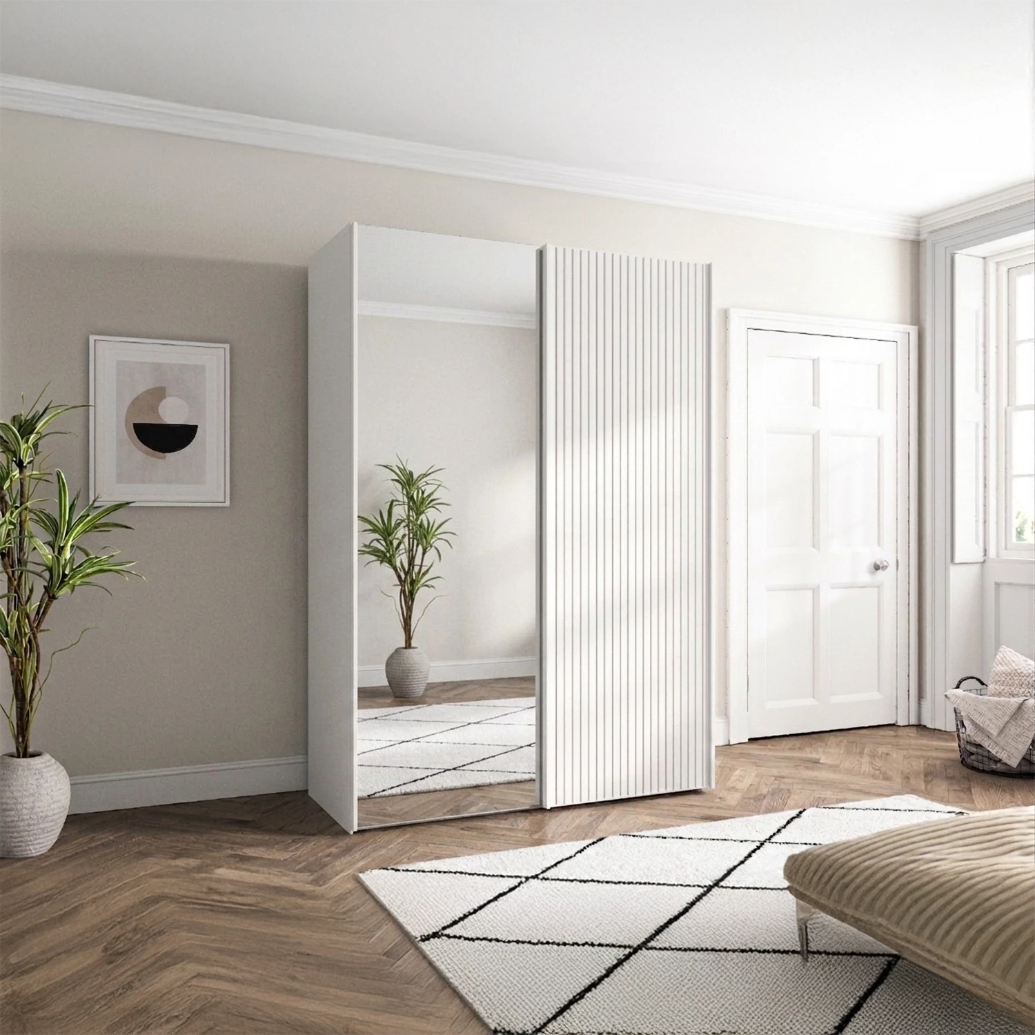 Wiemann Tulsa White 2 Door Sliding Wardrobe with Decking and Mirror Doors - Width 150cm