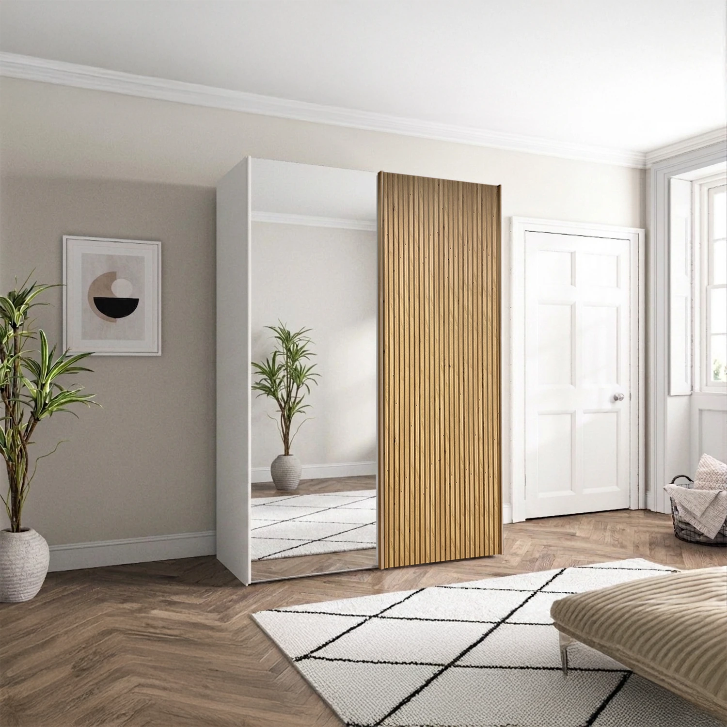 Wiemann Tulsa White 2 Door Sliding Wardrobe with Oak Decking and Mirror Doors - Width 150cm