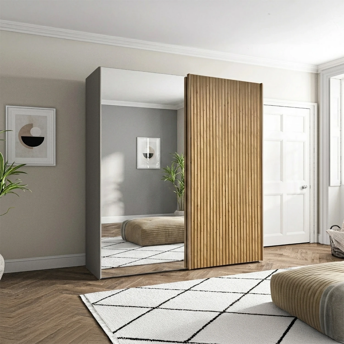 Wiemann Tulsa 200cm 2 Door Siding wardrobe with Mirror and Oak Decking front