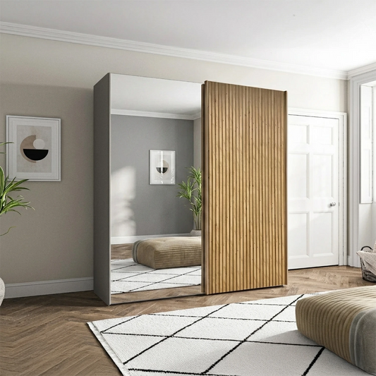 Wiemann Tulsa 200cm 2 Door Siding wardrobe with Mirror and Oak Decking front