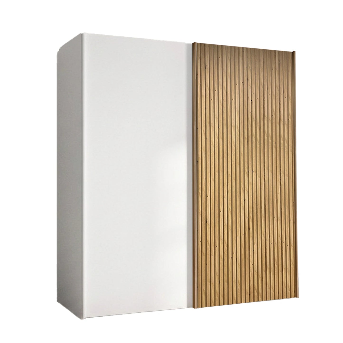White cabinet with a wooden slat design on a white background by Wiemann