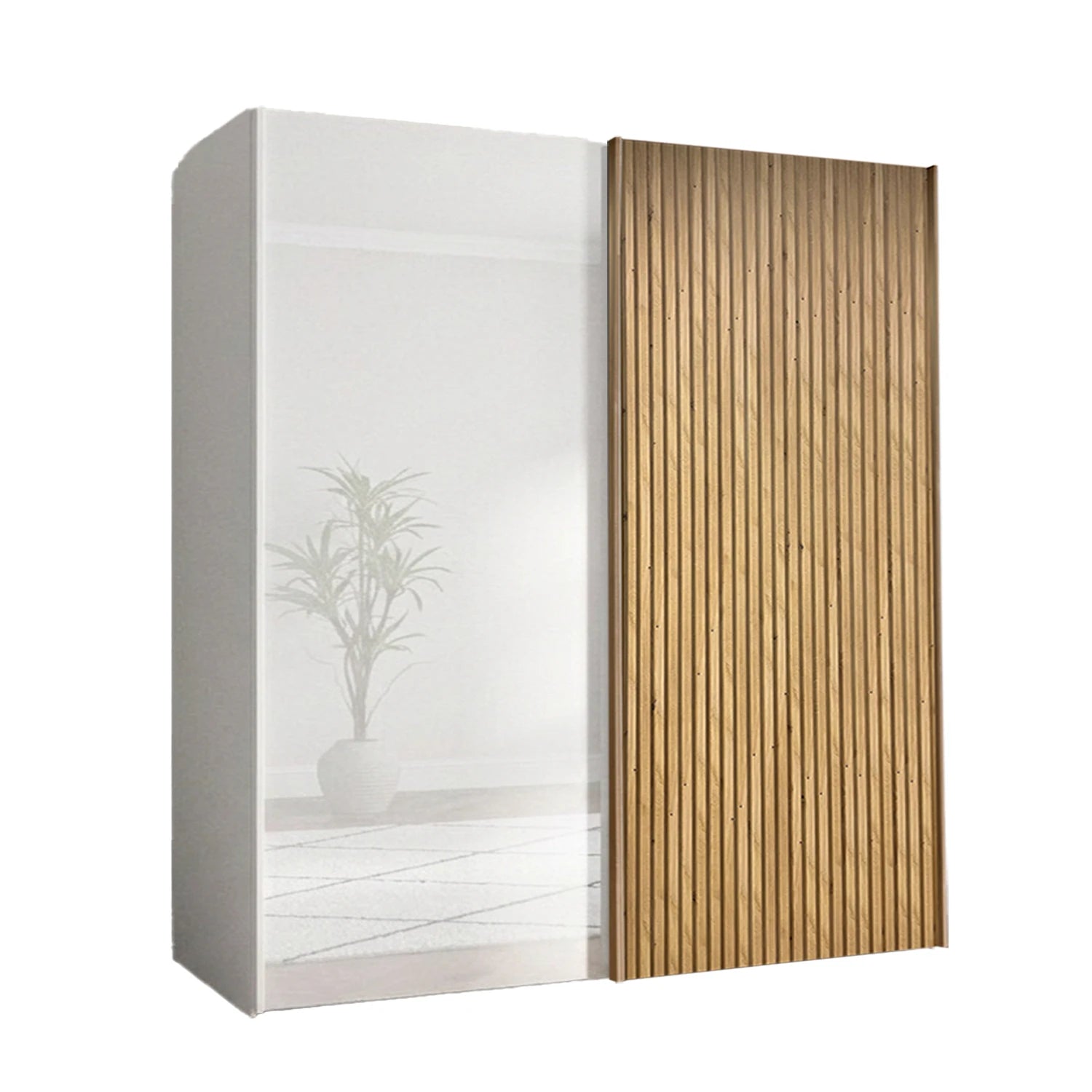 Two-tone wardrobe with white and wooden panels on a white background with 200cm