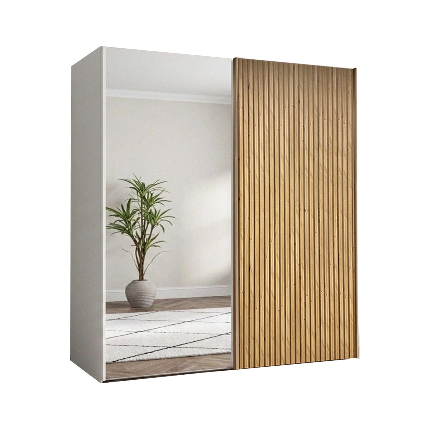 Wiemann Tulsa White 2 Door Sliding Wardrobe with Oak Decking and Mirror Doors - Width 200cm