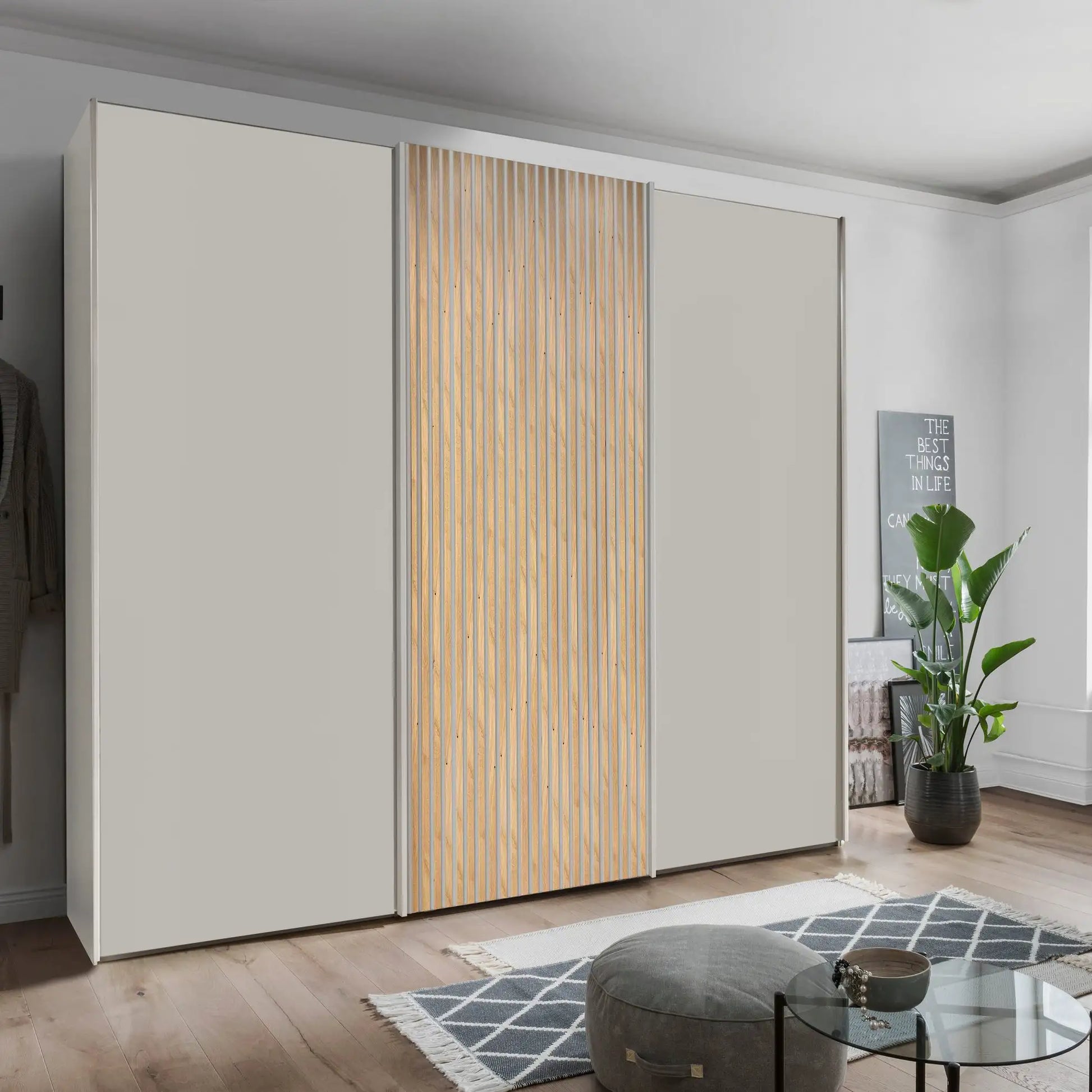 Tulsa 3 Door Decor Champagne Sliding Door Wardrobe with Oak Decking 