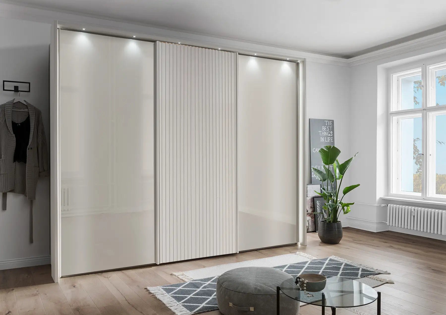 Tulsa 3 Door Champagne Glass Sliding Door Wardrobe with Decking 