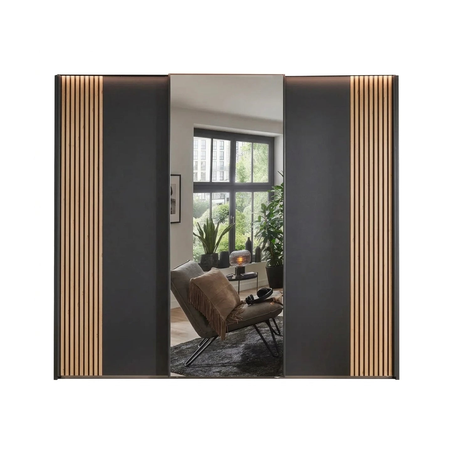 Wiemann Tulsa 3 door 250cm Wide graphite sliding wardrobe featuring integrated slatted decking panel in same colour and a full-length mirrored central door in a modern bedroom setting.