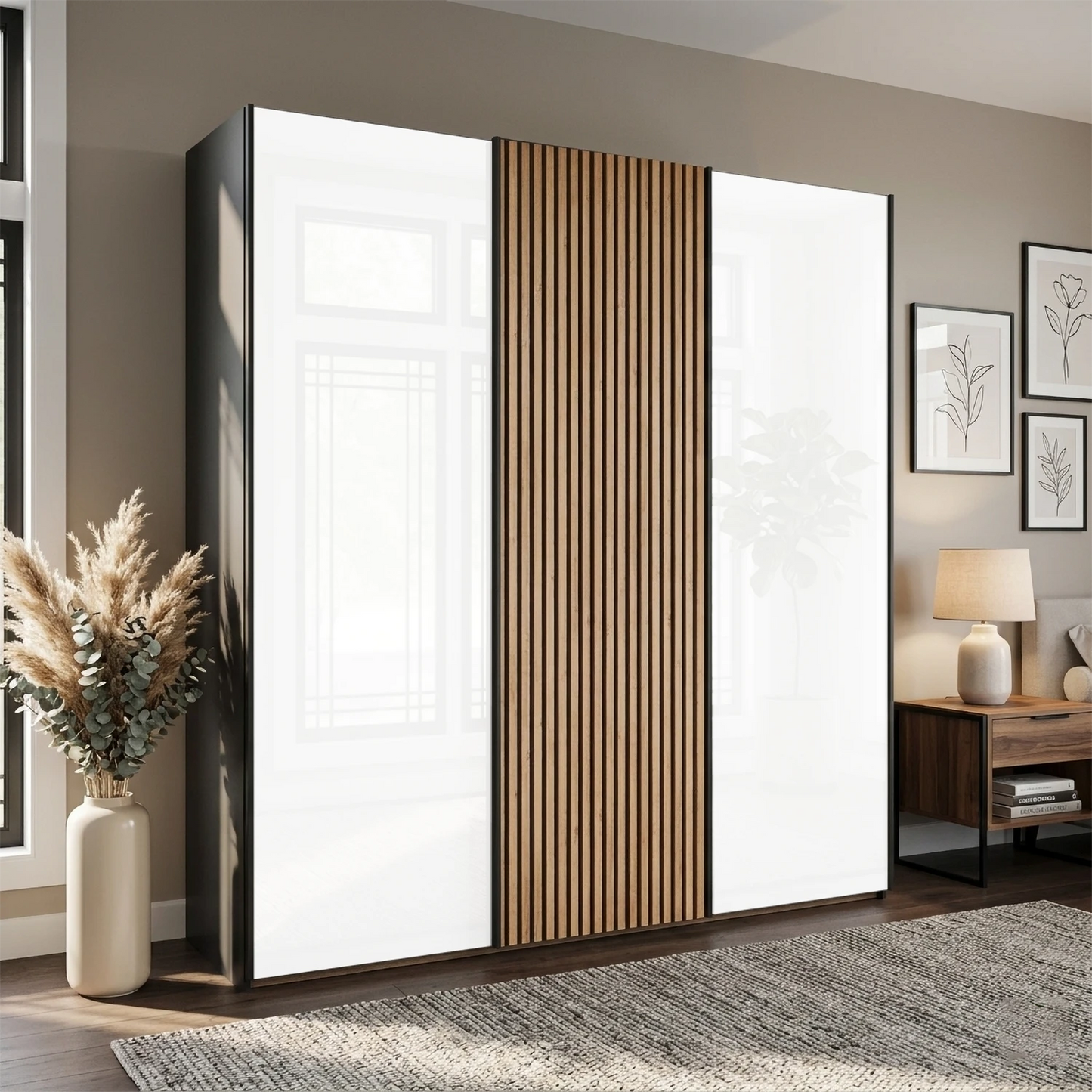 Tulsa 3 Door White Glass Sliding Door Wardrobe with Decking