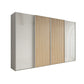 A modern Wiemannn Tulsa  four Door sliding large wardrobe Side two doors in glossy champagne Glass Middle Two Doors with Oak Slats
