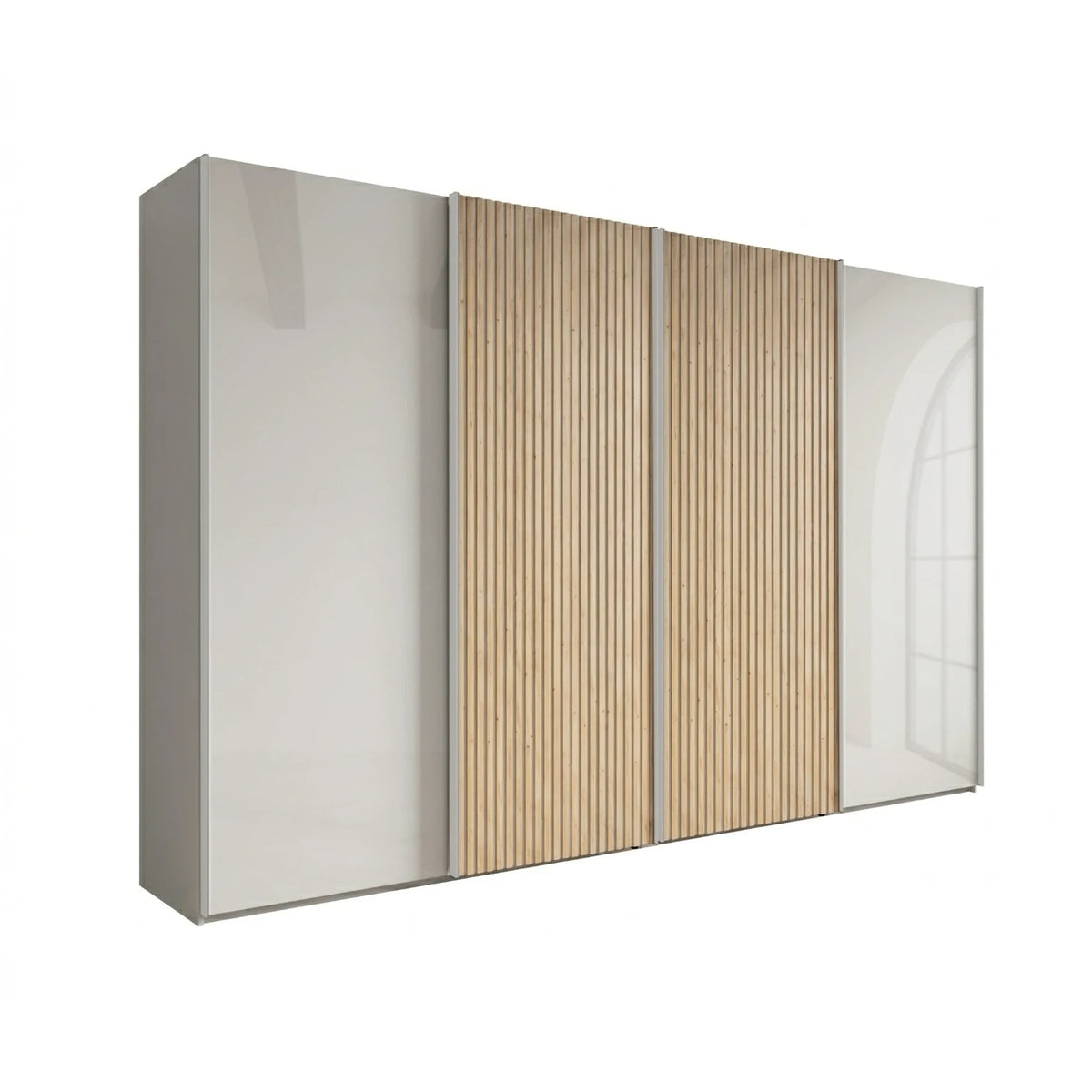 A modern Wiemannn Tulsa  four Door sliding large wardrobe Side two doors in glossy champagne Glass Middle Two Doors with Oak Slats