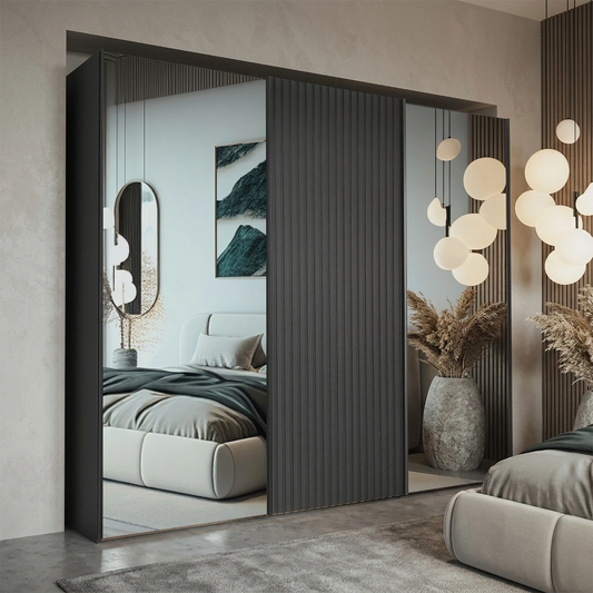 Tulsa Graphite Large 3 Door Wardrobe With Mirror and Decking Door