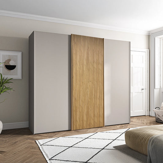 Tulsa pebble grey 3 door sliding wardrobe with Oak slatted design. Multiple sizes & interiors. FREE delivery & assembly.