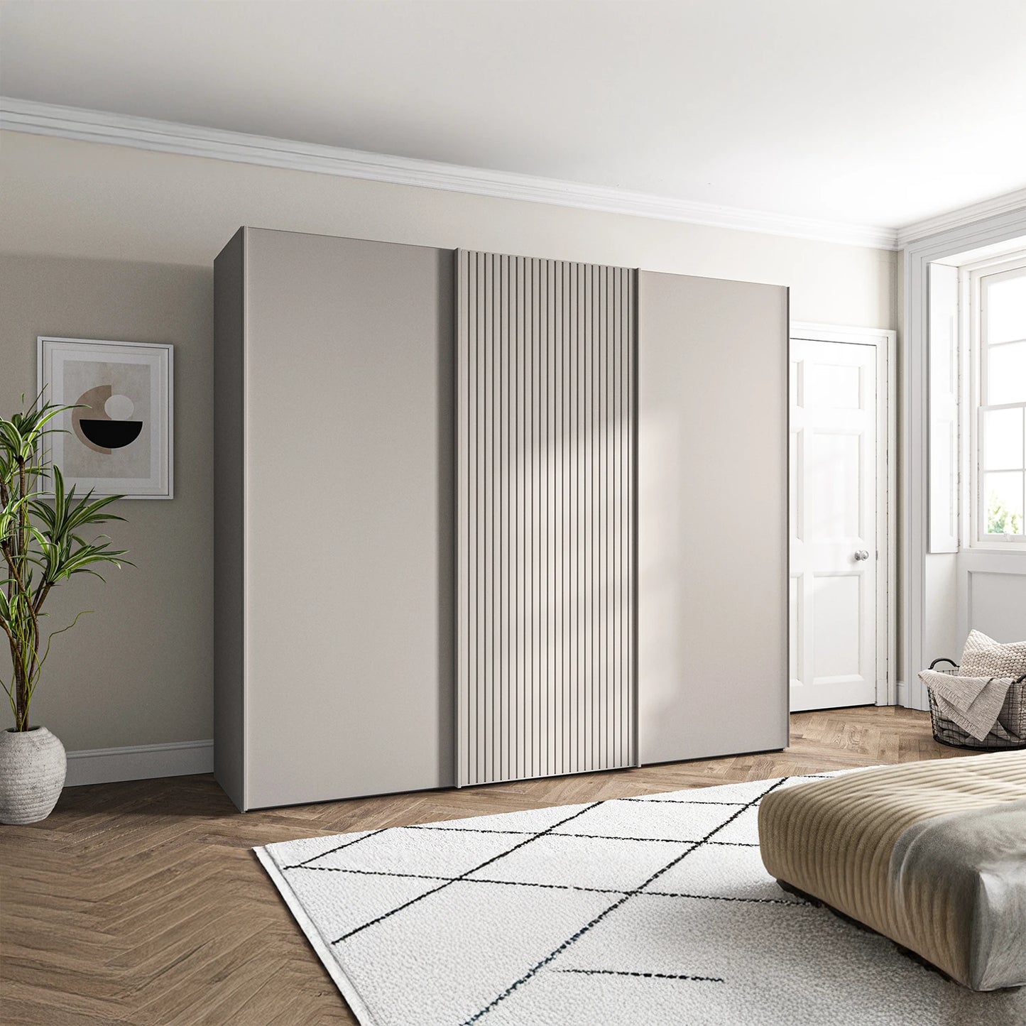 Tulsa pebble grey 3 door sliding wardrobe with slatted design. Multiple sizes & interiors. 