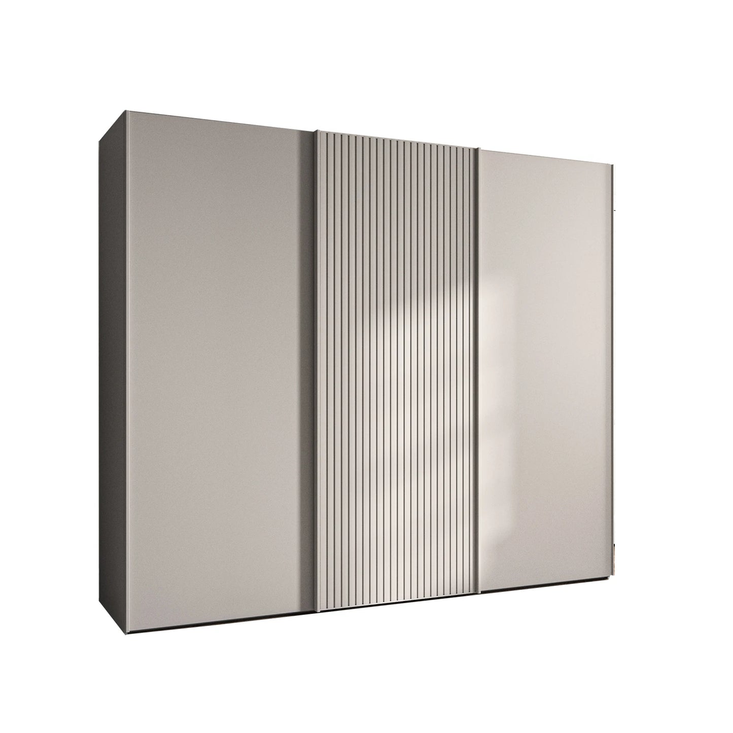 Tulsa pebble grey 3 door sliding wardrobe with slatted design. Multiple sizes & interiors. FREE delivery & assembly.