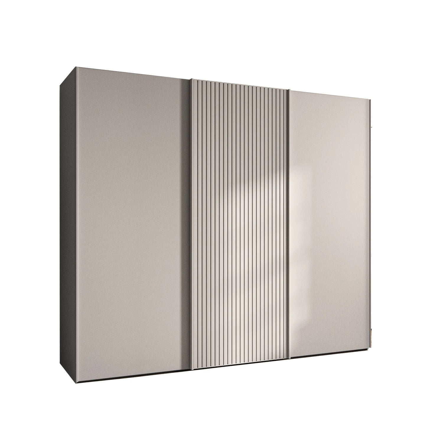 Tulsa pebble grey 3 door sliding wardrobe with slatted design. Multiple sizes & interiors. FREE delivery & assembly.