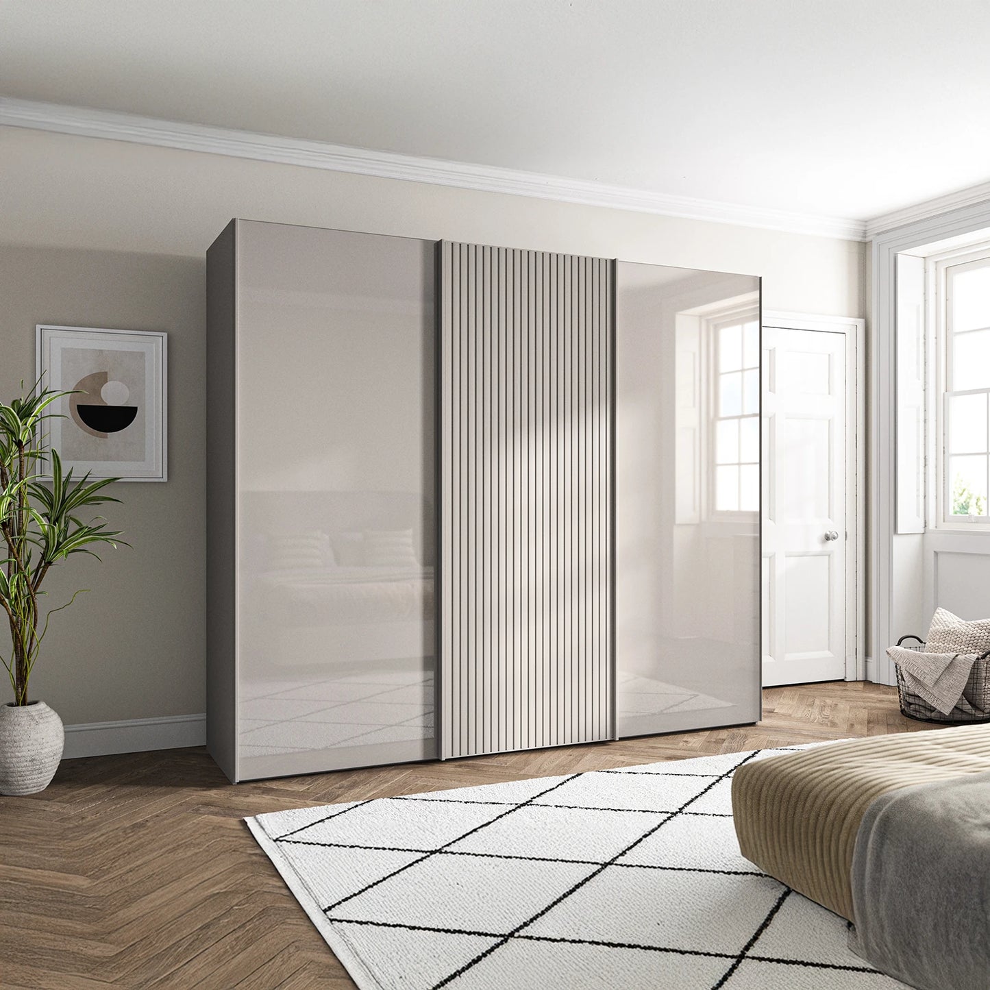 Tulsa Pebble Grey Glass 3 Door Sliding Wardrobe with Decking