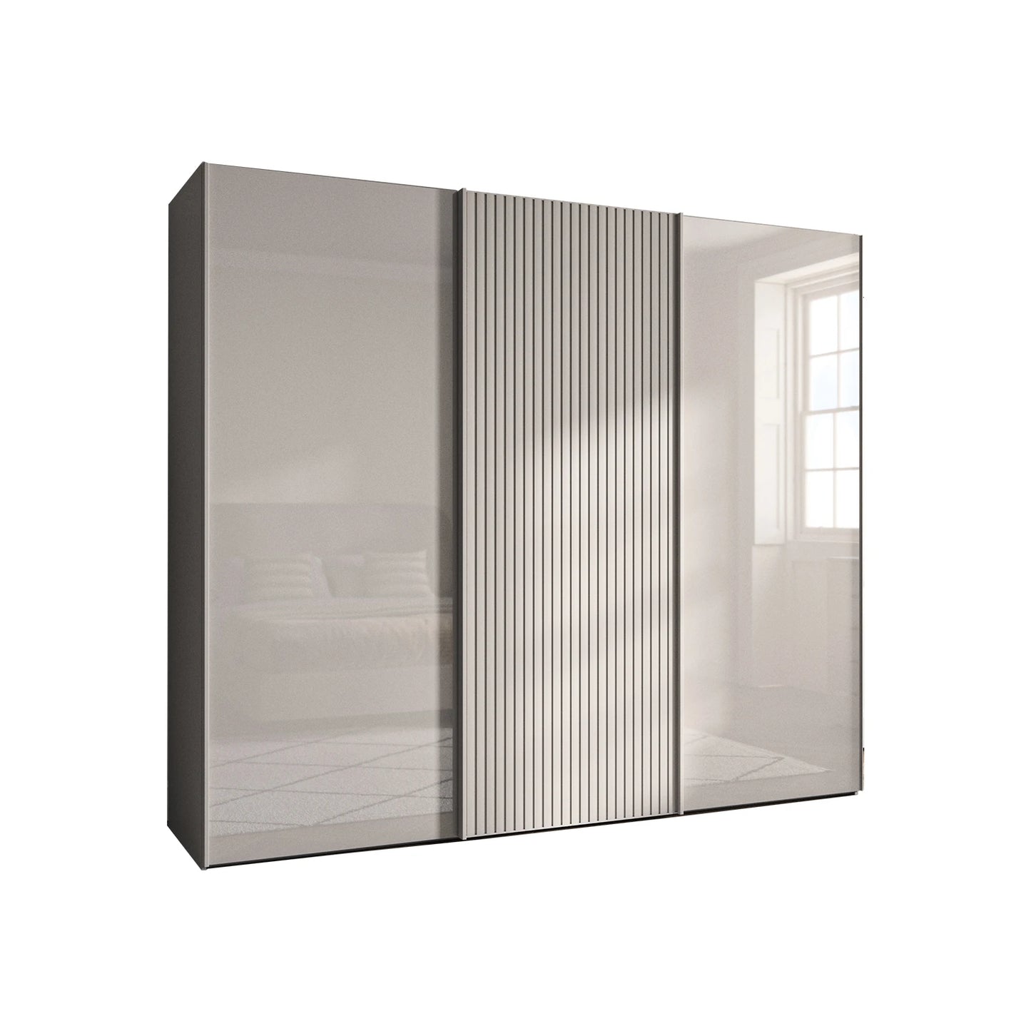 Tulsa Pebble Grey Glass 3 Door Sliding Wardrobe with Decking