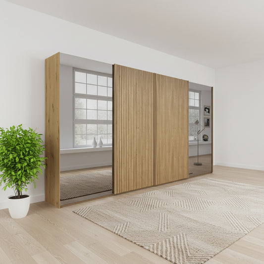 A modern Wiemann Tulsa wardrobe with four sliding doors, featuring a light natural wood frame, vertical slat panels, and frosted glass doors, shown against a plain white background.