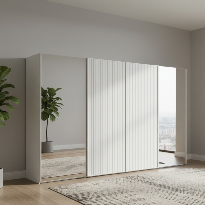 Wiemann Tulsa White Extra Large 4 Door Sliding Wardrobe with White Decking and Mirror Doors - Width 400cm