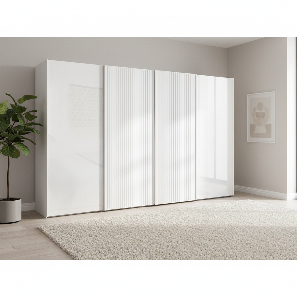 Wiemann Tulsa White Glass 4 Door Sliding Wardrobe with  Decking on Middle  Door - Width 400cm