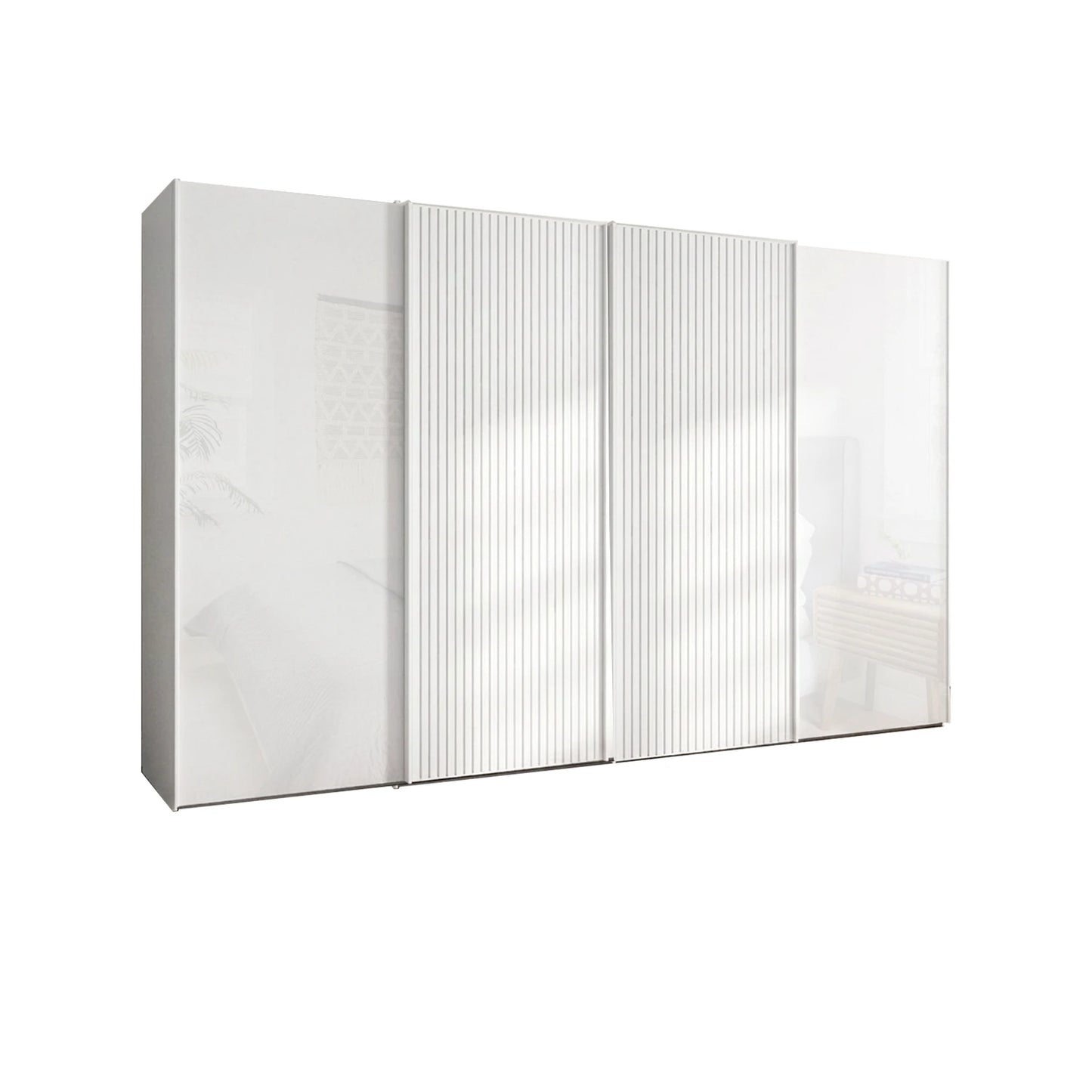 Wiemann Tulsa White Glass 4 Door Sliding Wardrobe with  Decking on Middle  Door - Width 330cm