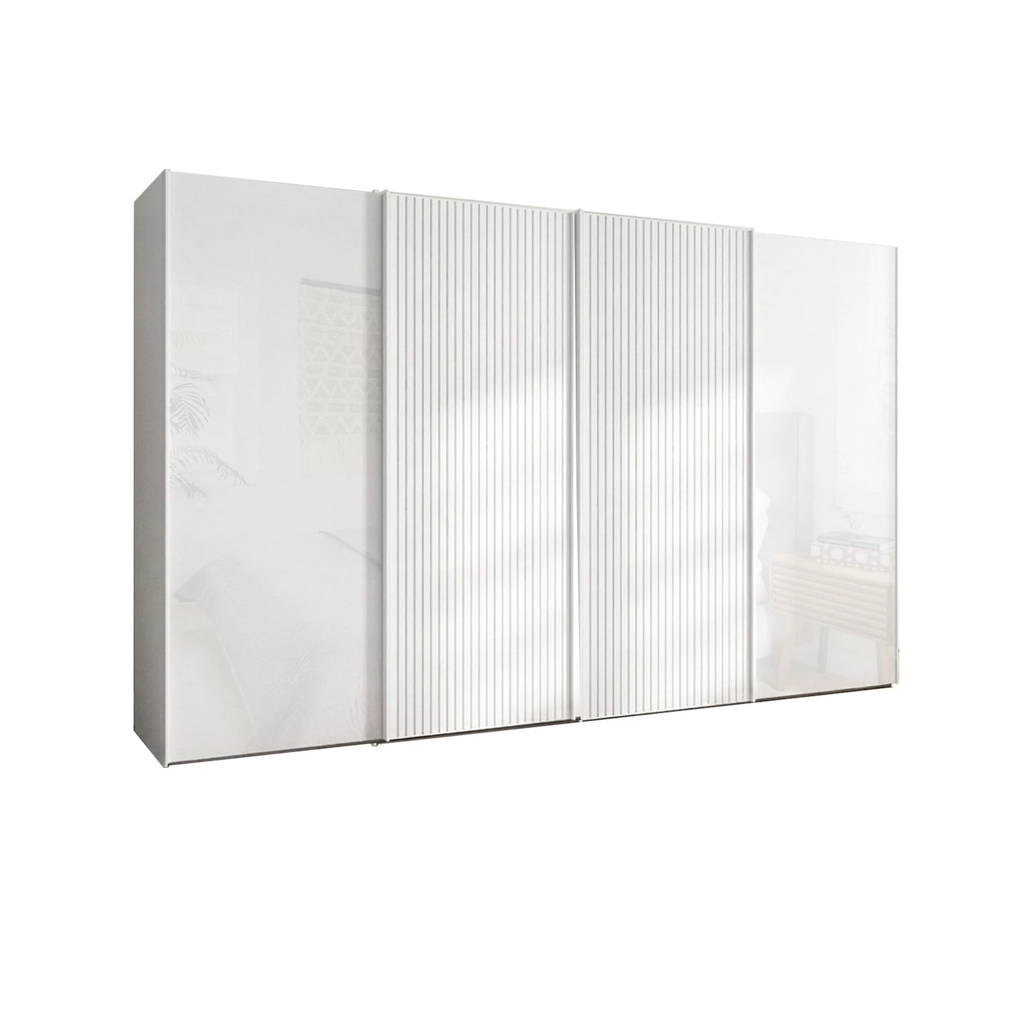 Wiemann Tulsa White Glass 4 Door Sliding Wardrobe with  Decking on Middle  Door - Width 330cm