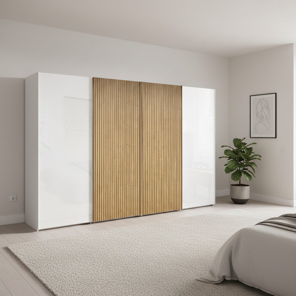 Wiemann Tulsa White Glass 4 Door Sliding Wardrobe with Oak Decking on Middle  Door - Width 400cm