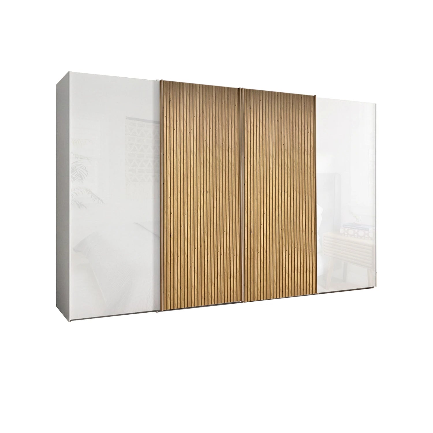 Wiemann Tulsa White Glass 4 Door Sliding Wardrobe with Oak Decking on Middle  Door - Width 330cm