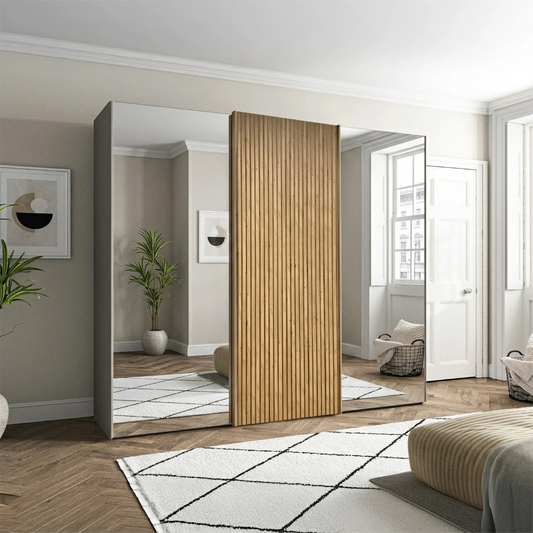 Wiemann Tulsa Sliding Door Wardrobe with Mirror Doors and Oak Decking