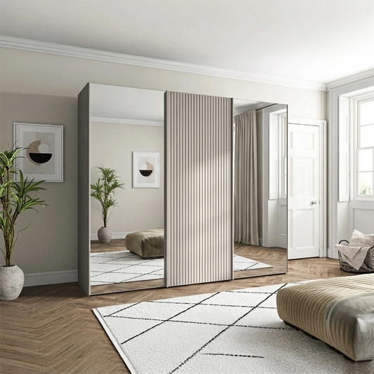 Wiemann Tulsa 250cm 3 Door Siding wardrobe with Mirror and Decking front in Pebble Grey
