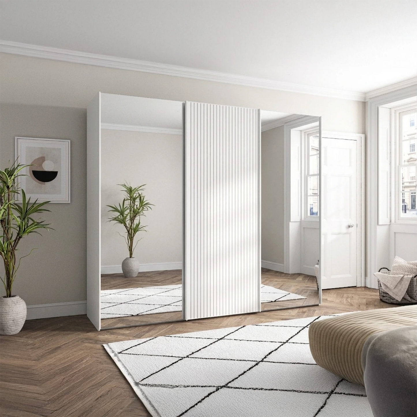 Wiemann Tulsa White 3 Door Sliding Wardrobe with White Decking and Mirror Doors 
