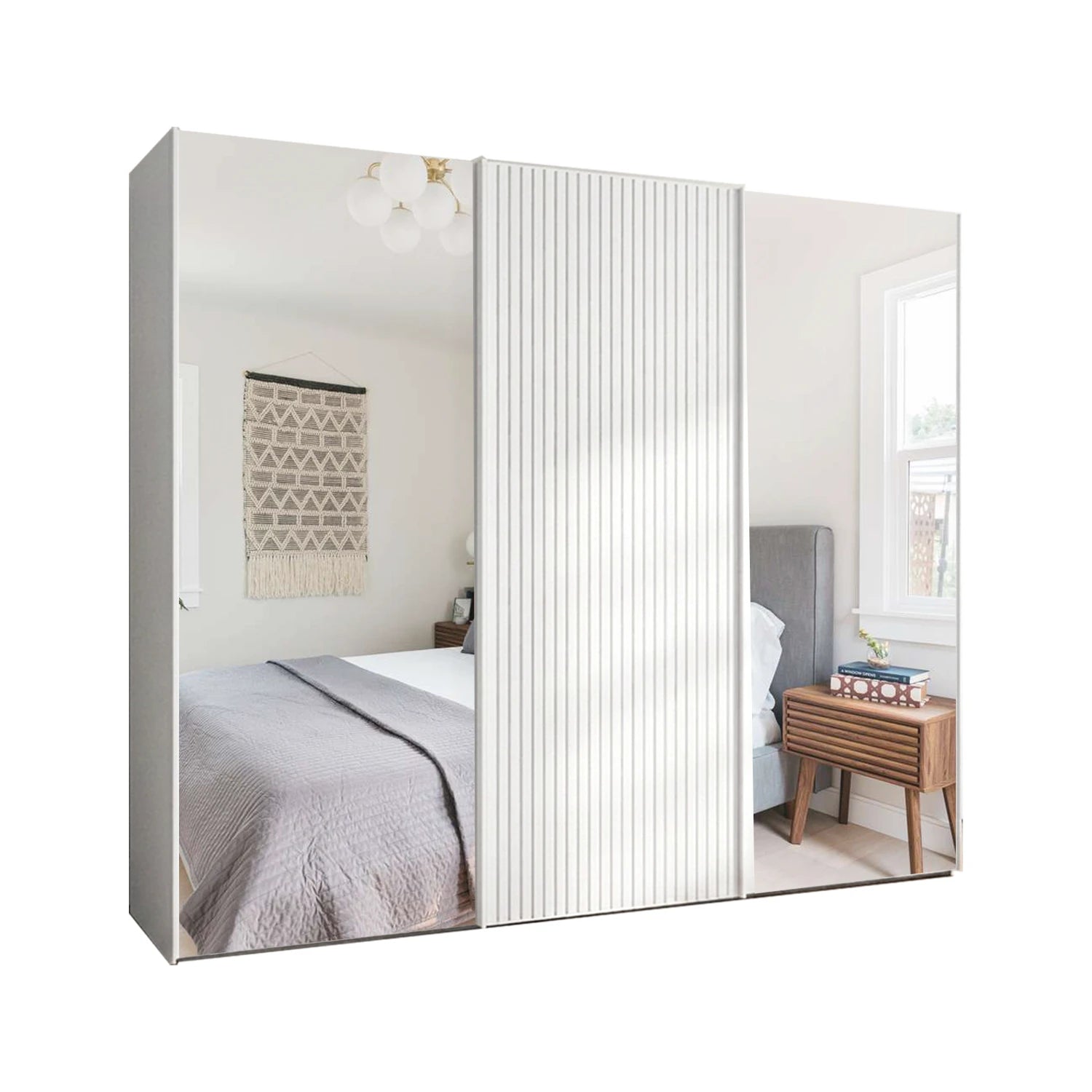 Modern wardrobe with sliding mirrored doors , Middle door has decking style 