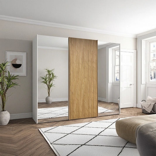 Wiemann Tulsa White 3 Door Sliding Wardrobe with Oak Decking and Mirror Doors 