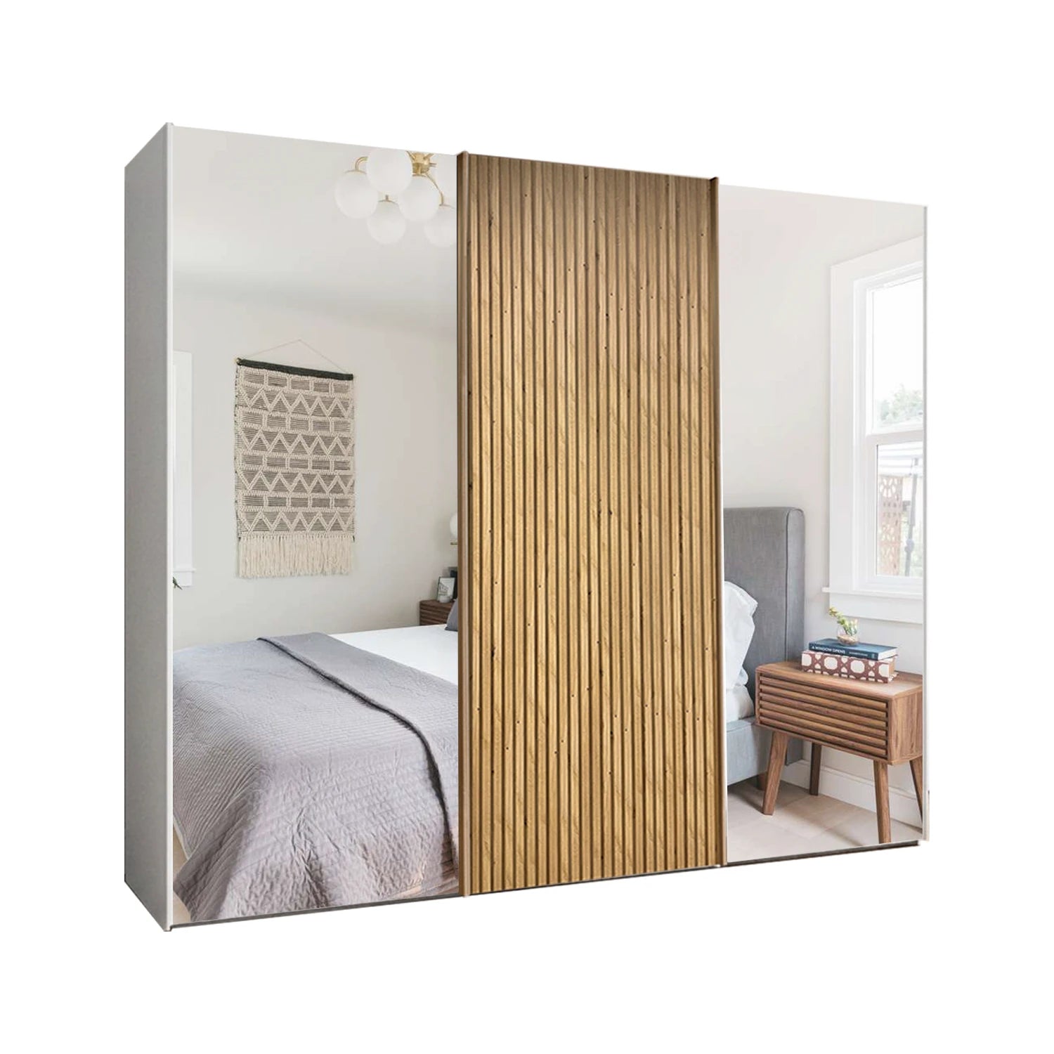 Wiemann Tulsa White Large 3 Door Sliding Wardrobe with OakDecking and Mirror Doors - Width 300cm