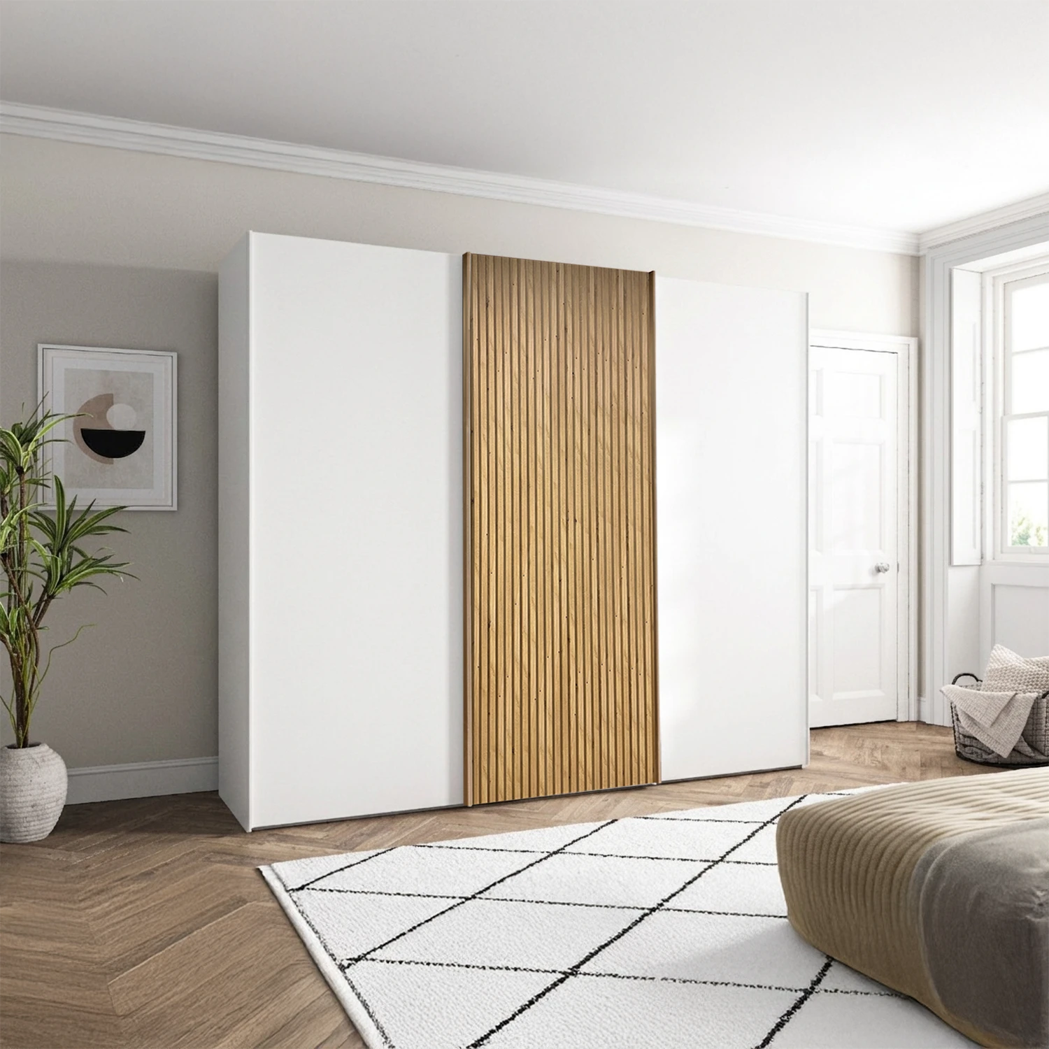 Wiemann Tulsa White 3 Door Sliding Wardrobe with Oak Decking on the Middle Door 